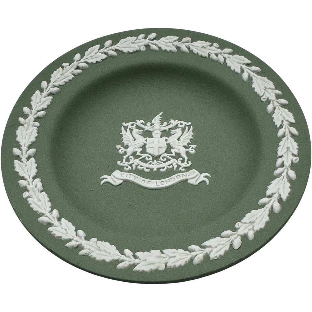 City of London Crest Wedgwood Jasperware Pin Dish Sage Green Oak Leaf Vintage